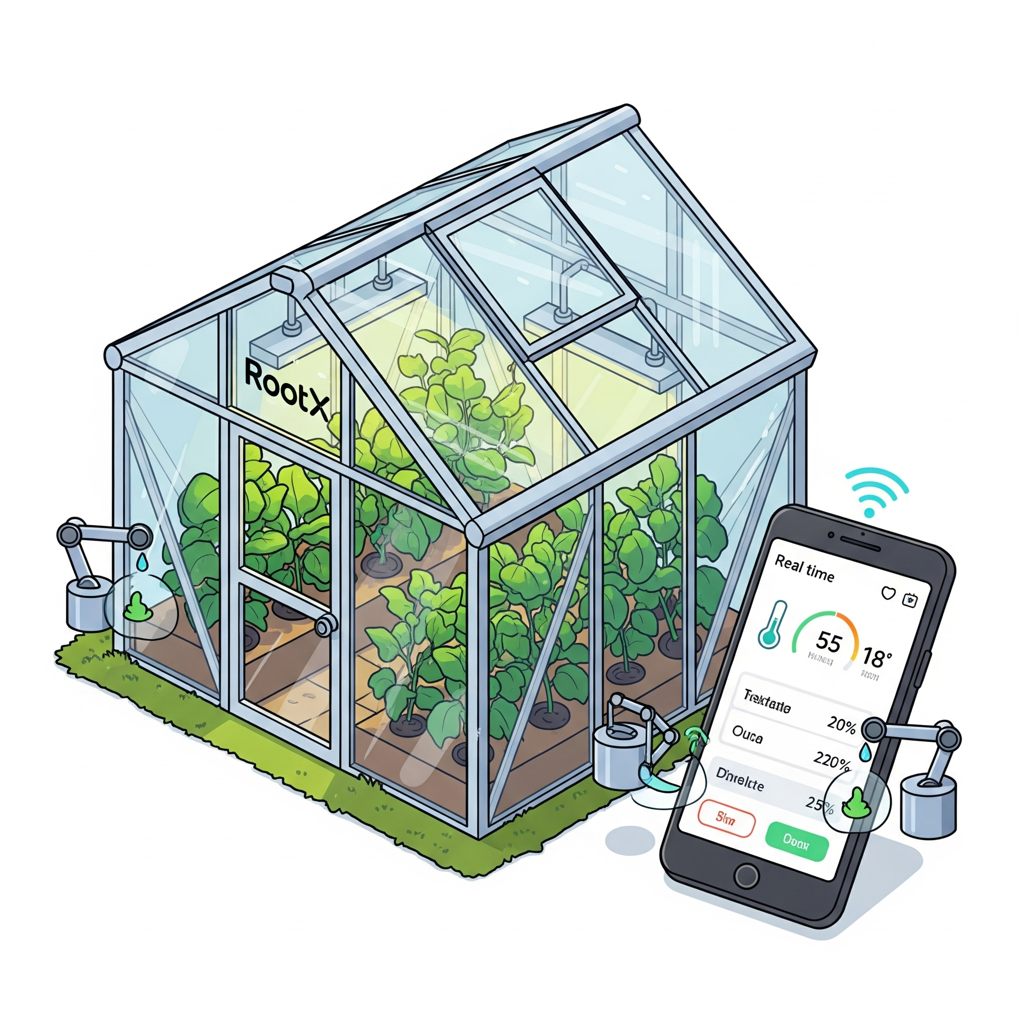Cartoon illustration of a smart greenhouse with automated systems and thriving plants.